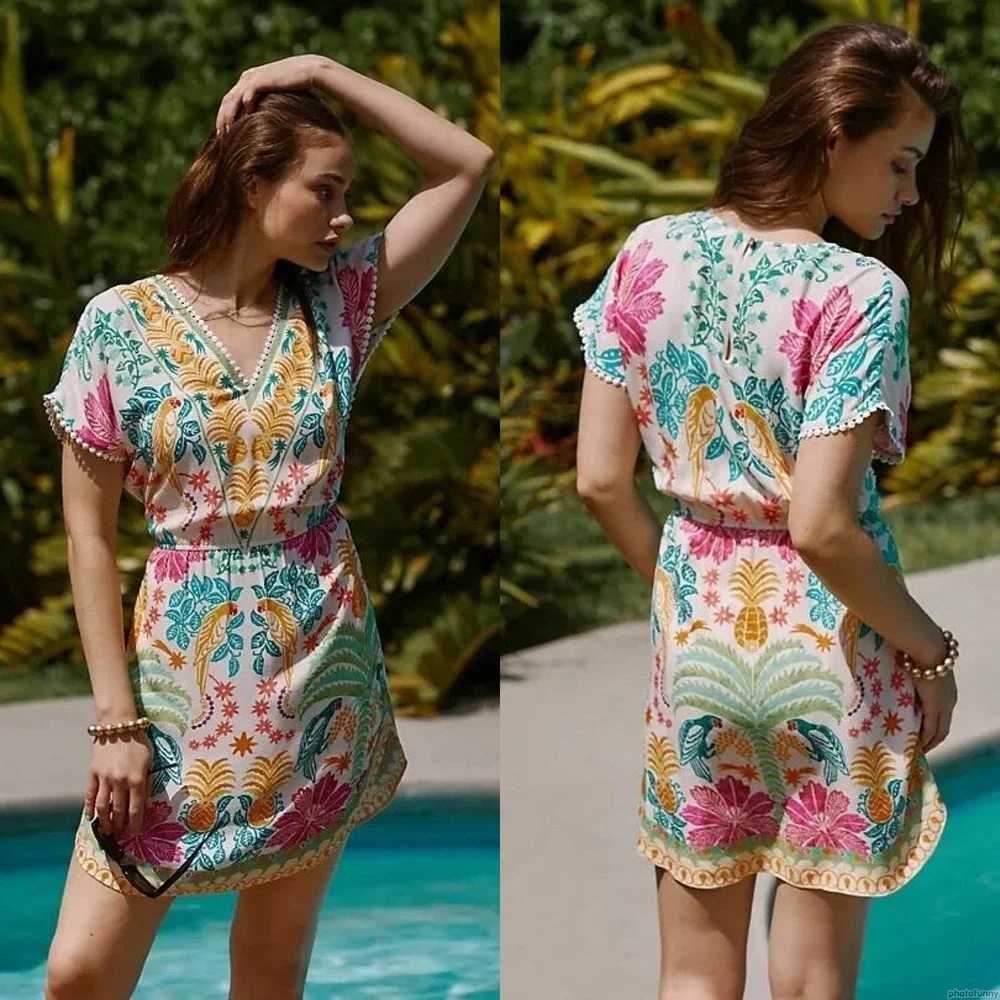 NWT Farm Rio Anthropologie  Dress Mini Coverup Summer Boho Cream Green Large